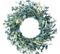 CIR OASES 20 Inch Spring Wreath Blue with Green Leaves Daisy Artificial Grains White Flower for Front Door Wreath,Farmhouse Decor Indoor&Outdoor Wedding Wall Home