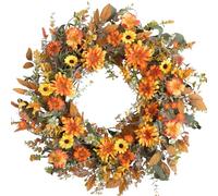 CIR OASES 22-inch Fall wreath Artificial Orange Chrysanthemum Yellow Daisy Green Leaf Wreath Front Door Farmhouse Window Fireplace Decoration Thanksgiving Harvest Festival Party Wedding Office Decor