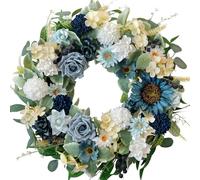 CIR OASES 22-inch Spring Blue Rose wreath Artificial Green leaf rose Sunflower Hydrangea Wreath Front door hallway window decoration Festive party wedding decoration