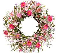 CIR OASES 22-inch Spring Pink wreath Artificial Pink Daisies Flowers Green Leaf wreath Spring Summer Front porch Window Decoration Wedding Party Holiday decoration