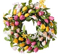 CIR OASES 22 Inch Spring Tulip Wreath, Artificial Floral Wreath with Yellow Pink Tulips and Green Leaves for Front Door, Indoor Outdoor Wall Window Courtyard Decor Party Festival Wedding Decor