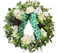 CIR OASES 24" Spring Wreath for Front Door - Spring Peony & Hydrangea Floral Wreath with Shamrock Bow & Lotus Pod, Lucky Clover Wreath for Everyday Indoor Outdoor Home Decor