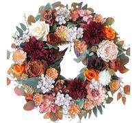CIR OASES Fall Flower Wreath 20-inch Front Door Wreath Red Pink Orange Rose Peony Green Leaf Decoration Thanksgiving Party Wedding Decoration Indoor Outdoor Home Decor