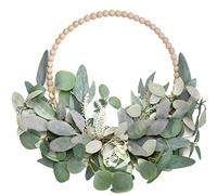 CIR OASES Wood Bead Eucalyptus Leaf Wreath Artificial Green Leaf Wreath Spring Summer Decoration Holiday Party Indoor/Outdoor Farmhouse Wreaths for Front Door Decor
