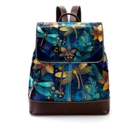 Circle Background with Dragonfly and Flowers Women Laptop Backpack, PU Leather Daypack Fashion Rucksack Travel Shoulder Bag