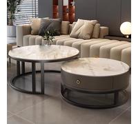 Circle Coffee Table, Modern Faux Marble Top, 2 Drawers, Easy Assembly for Living Room or Home Office, Compact Design