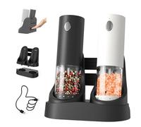 CIRCLE JOY Electric Salt and Pepper Grinder Set Rechargeable Pepper Mill Grinders with Charging Base, External Adjustable Coarseness, 95ml Container and White LED Light, Black & White