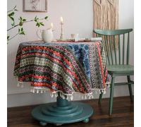 Circle Round Table Cloth - 150CM Boho Stripe Print Tassel Tablecloth for Circular Table, Red, Xmas