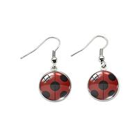 Circle Silver Dangle Earrings with Red & Black Spotted Ladybug Print