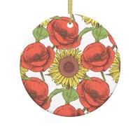 Circle White Ceramic Hanging Christmas Tree Decorations Bauble Sunflower Poppy Flowers Xmas Ornaments For Festive Party New Year