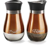 Circleware Cafe Contempo Elegant Glass Salt and Pepper Shakers Dispenser, Clear Bottom Jar Bottle Container with Stainless Steel Top, Perfect for Himalayan Seasoning Herbs Spices, 4.4 oz, Copper