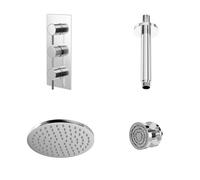 Circo Polished Triple Thermostatic Shower Valve and Round Fixed Head with Ceiling Arm and 4 Round Body Jets | Chrome | Stainless Steel | 200mm