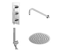 Circo Polished Triple Thermostatic Shower Valve and Thin Round Fixed Head with Wall Arm and Round Handset Outlet Holder | Chrome | Stainless Steel | 200mm