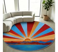 Circular Bedside Rug 150 cm, Washable Blue Mountain Sunset Carpet | Nature Sunrise Landscape Circular Floor Mat with Anti Skid Latex Base, Low Pile Easy Care Floor Covering for Living Room