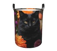 Circular Laundry Basket | Black Cat And Flower | Foldable Laundry Hamper, Waterproof Oxford Cloth Dirty Laundry Basket With Handles, Toy Storage Basket For Bedroom, Bathroom, Office, College Dorms