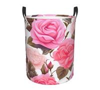 Circular Laundry Basket | Floral Flower Rose Pink | Foldable Laundry Hamper, Waterproof Oxford Cloth Dirty Laundry Basket With Handles, Toy Storage Basket For Bedroom, Bathroom, Office, College Dorms