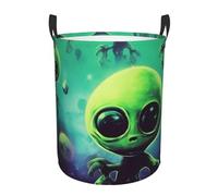 Circular Laundry Basket/Green Aliens/Foldable Dirty Clothes Storage Hamper, With Handles, Water Resistant, For Bedroom Bathroom Storage Bins 50x40cm