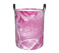 Circular Laundry Basket | Pink And White Butterfly | Foldable Laundry Hamper, Waterproof Oxford Cloth Dirty Laundry Basket With Handles, Toy Storage Basket For Bedroom, Bathroom, Office, College Dorms