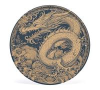 Circular Metal Wall Art Iron Wall Hanging - Blue Oriental Dragon Vintage Industrial Tin Sign with Pre-Drilled Holes, Retro Round Metal Art for Bar, Home, Kitchen, Cafe Decor (12 Inch)