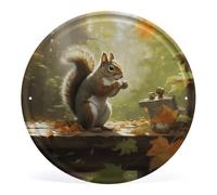 Circular Metal Wall Art Iron Wall Hanging - Squirrel Eats Nuts Vintage Industrial Tin Sign with Pre-Drilled Holes, Retro Round Metal Art for Bar, Home, Kitchen, Cafe Decor (12 Inch)