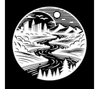 Circular Pattern Depicting a City Skyline and a Winding River Engraving Decals 54.6x54.9cm Do not Damage The Wall Surface White