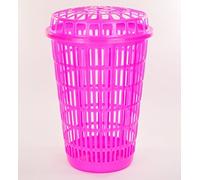 Circular Plastic Laundry Linen Basket Bin Storage Hamper with Lid (Pink)