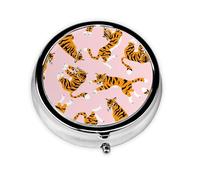 Circus Animal Cute Tigers On The Pink BackgroundMeta Pill Box 3 Compartment Medicine Case,Portable Organizer