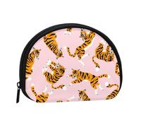 Circus Animal Cute Tigers On The Pink BackgroundSmall Makeup Sanitary Napkin Storage Bag,Women's Cosmetic Coin Purse