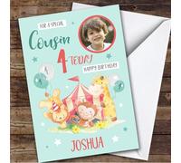 Circus Animals Blue Photo Cousin 4th Custom Personalised Birthday Card - Personalised Birthday Greeting Card for Kids, Custom Birthday Card