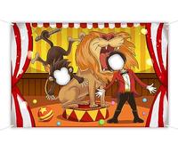 Circus Carnival Backdrop 5 x 3.3 ft, Circus Monkey Lion Tamer Face Cutout Photo Props, Circus Troup Photography Background, Carnival Circus Birthday Party Decoration Kids Photo Booth Props