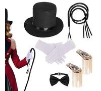 Circus Costume Accessories - Elegant Top Hat Pair, Decorative Epaulettes, Matching Gloves Bowtie, Whip Accessory Set, Carnival Masquerade Outfit Element| for Theme Parties Stage Performance