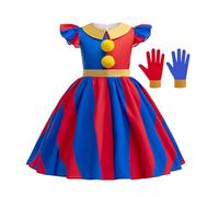 Circus Costume Clown Jester Costume Dress Circus Merch Red Blue Harlequin Fancy Dress with Gloves, Halloween Carnival Cosplay Outfit for Fans 140 A01
