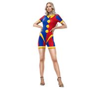 Circus Costume Women's Red Blue Clown Jester Bodysuit Circus Merch Harlequin Style Short Jumpsuit with Yellow Trim, Halloween Carnival Cosplay Costume for Ladies XL A01