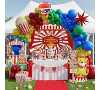Circus Theme birthday party decorations & include red blue yellow balloon & foil hot air popcorn lion balloons & striped banner & Backdrop carnival Circus road sign paper card Signboard decor