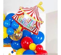 Circus Theme birthday party decorations & include red blue yellow balloon & foil hot air popcorn lion balloons & striped banner & Backdrop carnival Circus road sign paper card Signboard decor