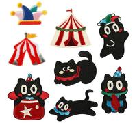 Circus Theme Iron-On Patches, Black Cat Embroidered Self-Adhesive Appliques, Carnival Tent and Jester Hat Design, 8-Piece Decorative Set
