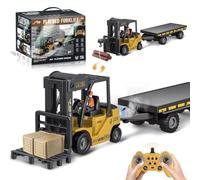 Cirmine 1:24 RC Forklift Construction Toy with Trailer, Mist, Lights & Sounds, Crane Mode, 2 USB Rechargeable Batteries - Remote Control Truck for Kids 3+, Birthday