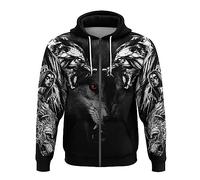 CIRVME Viking Wolf Tattoos Printed Full Zip Men viking hoodie for Men, Norse Myth Triple Horn of Odin Pullover Sweatshirt Jacket
