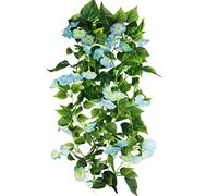 CISDUEO 2 Pcs Artificial Vines for Outdoors Silk Morning Glory Vines 15Feet Hanging Plants Blue Flowers Garland Fake Green Plant Morning Glories for Home Decor Wall Fence Wedding Hanging Baskets