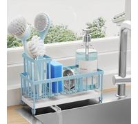 Cisily Blue Modern Sink Caddy Organizer with Rotatable Spout, Rustproof Stainless Steel, Soap Dispenser, Brush Holder, Kitchen Countertop Storage Essentials