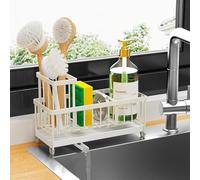 Cisily Cream Sponge Holder for Kitchen Sink, Sink Caddy Organizer with High Brush Holder, Kitchen Countertop Organizers and Storage Essentials, Rustproof 304 Stainless Steel, Soap Dispenser Organize
