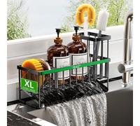 Cisily Extra Large Kitchen Sink Caddy Organzier with High Brush Holder, Sponge Holder for Sink, 304 Rustproof Stainless, Kitchen Countertop Soap Dispenser Organizer For Decor and Accessories