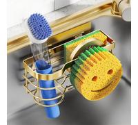 Cisily Gold Smiley Sponge Holder for Kitchen Sink Caddy, Stainless Steel Movable Brush Holder Dish Cloth Hanger, Suction Cup Sink Organizer Scrubbe