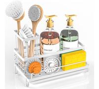 Cisily Kitchen Sink Caddy Organizer, Sponge Holder, Detergent Brush Holder, Plug Storage, White, Stainless Steel, Adjustable, 3 Compartments, 9.56" x 5.15" x 5.15"