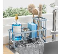 Cisily Sink Caddy Organzier with High Brush Holder, Sponge Holder for Sink, 304 Rustproof Stainless, Kitchen Countertop Soap Dispenser Organizer, Gray Blue Kitchen Decor and Accessories