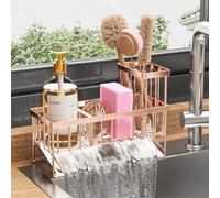Cisily Sink Caddy Organzier with High Brush Holder, Sponge Holder for Sink, 304 Rustproof Stainless, Kitchen Countertop Soap Dispenser Organizer, Rose Gold Kitchen Decor and Accessories