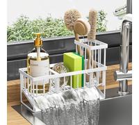 Cisily Sink Caddy Sponge Holder for Kitchen Sink, 304 Stainless Steel Rustproof, Kitchen Sink Caddy with High Brush Holder, Kitchen Sink Organzier Dish Sponge Organizer with Divider(White)