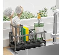 Cisily Sponge Holder for Kitchen Sink, Sink Caddy with High Brush Holder, Organzier Rustproof 304 Stainless Steel Dish Organizer Divider, Soap Dispenser Storage(Grey)