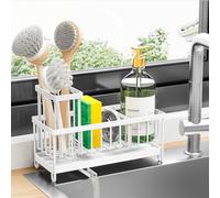 Cisily Sponge Holder for Kitchen Sink, Sink Caddy with High Brush Holder, Organzier Rustproof 304 Stainless Steel Dish Organizer Divider, Soap Dispenser Storage(White)