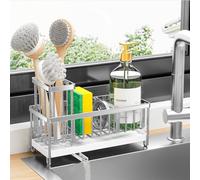 Cisily Sponge Holder for Kitchen Sink, Stainless Steel Silver Sink Caddy with High Brush Holder, Organzier Rustproof Dish Organizer, Soap Dispenser Storage, Kitchen Accessories for Organization